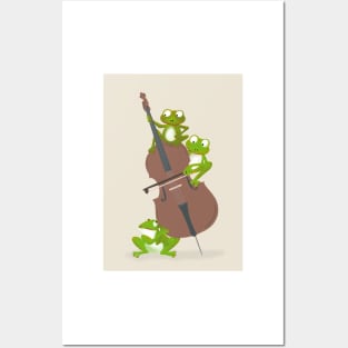 Three funny frogs playing the double bass Posters and Art
